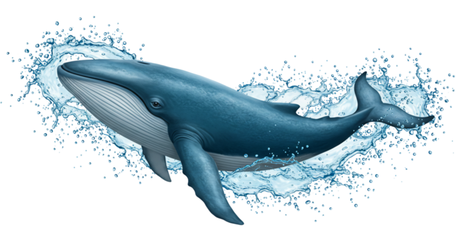 Whale leaping through water splash transparent background