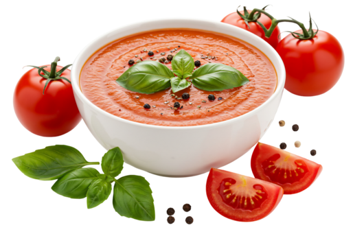 Vibrant tomato soup with basil and pepper in a white bowl