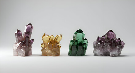 Amethyst, citrine, and green quartz crystal clusters displayed on a light gray background. Colorful crystals grouped together with pointed facets.