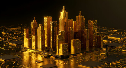 Golden city skyline sculpted from circuit board components atop a dark circuit board. Futuristic cityscape model rests on the tech-driven background.