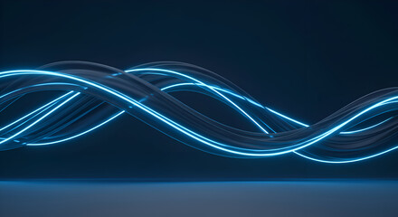 Abstract glowing blue ribbons in a dark studio setting. Fluid lines with bright neon light create a modern, dynamic display. Abstract design -