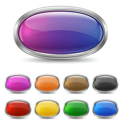 Oval button collection with various colors and metallic trim. Set of glossy, colored buttons with a metallic frame in a web design setting.