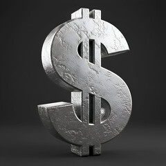 Dollar sign symbol with metallic, textured surface in a studio setting. Three-dimensional render of a dollar sign with a weathered metal appearance against a dark background.