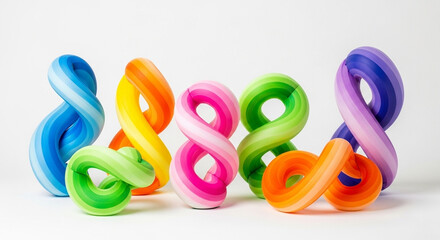 A vibrant assortment of colorful, intertwined shapes, artfully arranged against a pristine white backdrop, creating a visually captivating and abstract composition.