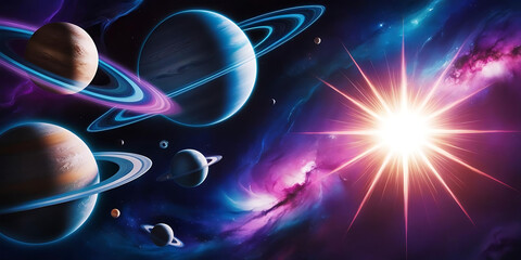Planets orbiting a bright star surrounded by vibrant cosmic nebulae
