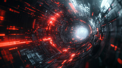 Abstract sci-fi space tunnel with red and white glowing rays, depicting a neon hyperspace wormhole for time travel, space exploration, and futuristic technology concepts.