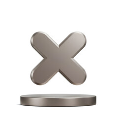 Gray metallic x symbol on a circular platform against a white background. Abstract design element for user interface, web design, or graphic design.