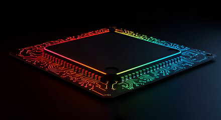 A detailed circuit board with a central processor chip, illuminated with vibrant rainbow colors, showcasing intricate patterns and connections. Modern technology component against a dark background.