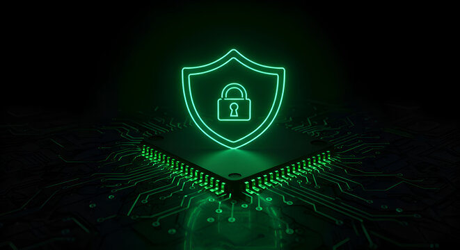 Glowing green shield and padlock icon over circuit board. Abstract digital security concept. Data protection specialist with high-tech security device. - Powered by Adobe