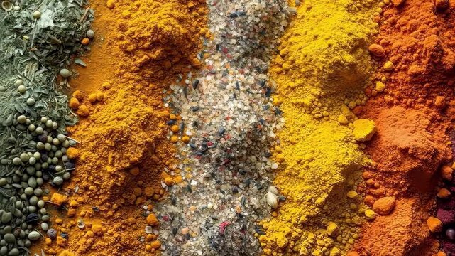 A captivating close-up of a variety of colorful spices and herbs, beautifully illuminated to highlight their vibrant colors and rich textures, perfect for culinary-themed concepts.