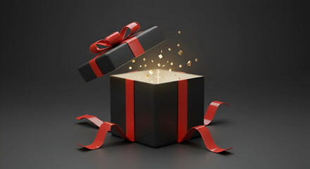 Black gift box with red ribbon open, revealing golden confetti in a studio setting. An exciting, surprising gift opening scene, perfect for advertising or editorial use in a retail or holiday context.