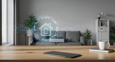 Modern home security system displayed on a wooden desk with digital home icon overlay. A tablet rests on the surface, and a mug with a book are present.