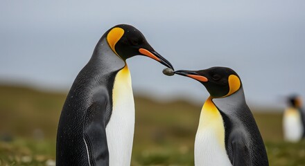 Fototapeta premium Two king penguins exchanging a pebble as part of their courtship ritual on a grassy area near the sea