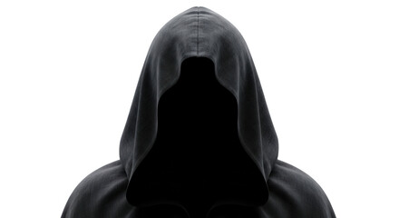 Mysterious hooded figure in dark silhouette with a ghostly translucent face isolated on transparent background