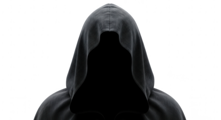 Mysterious hooded figure in dark silhouette with a ghostly translucent face isolated on transparent background