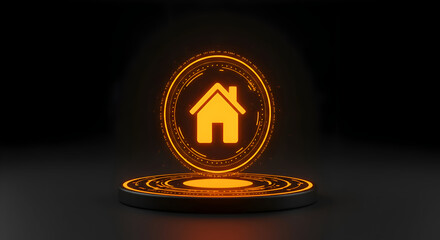 A glowing orange home icon is displayed on a dark platform, surrounded by concentric circles, ideal for advertising technology products or a home automation concept.