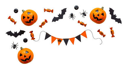 Spooky halloween decorations with carved pumpkins bats and candy isolated on transparent background