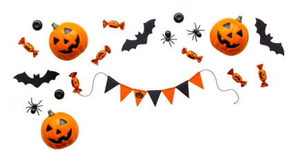 Spooky halloween decorations with carved pumpkins bats and candy isolated on transparent background