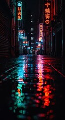 Obraz premium A vibrant alleyway at night, illuminated by neon signs reflecting in puddles, showcasing a captivating urban ambiance.