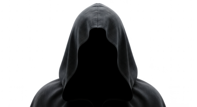 Mysterious hooded figure in dark silhouette with a ghostly translucent face isolated on transparent background