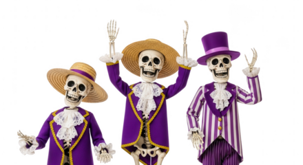 Three decorative skeletons dressed in festive purple and white outfits holding props isolated on transparent background