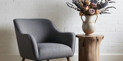 Gray armchair beside wooden stump table with decorative flower vase
