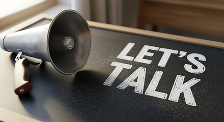 Vintage Megaphone on Chalkboard with "Let's Talk" Message in White Chalk