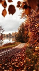 A quiet forest path covered in fallen leaves winds along a lake under overcast skies, offering a peaceful autumn setting and fall banner with ample copy space