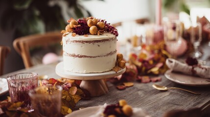 Rustic autumn-themed cake display on wooden table with floral decoration