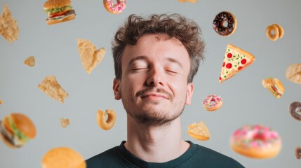 Young caucasian male enjoying junk food with burgers, pizza, donuts, and snacks floating around