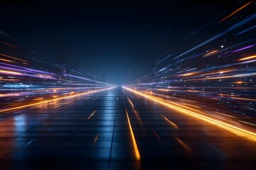 Futuristic Light Trails on Dark Road with Bright Neon Lines in Night Scene