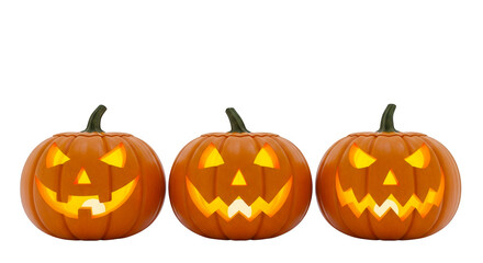Three glowing carved halloween pumpkins with spooky faces in a row isolated on transparent background