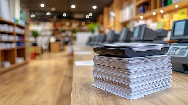 Stack of Papers and Scanner on Counter in Shop with Blurred Background with Equipment. - Powered by Adobe