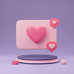 Pink heart social media icon with pastel accents on a podium display. 3D rendered social media heart icon with like feedback, on a modern pedestal against a mauve background.