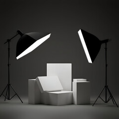 Studio photography setup with two softbox lighting systems. Empty white display platforms arranged in a modern and minimalist composition.