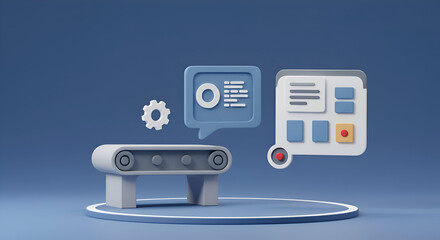 Abstract representation of automated data processing system on a pedestal. Modern, simplified conveyor belt, data display, and gear icon, in a simple, light blue background setting.