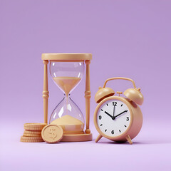 Beige hourglass and alarm clock with stacked coins in a minimalist studio setting. Time management concept image for financial planning or business strategy.