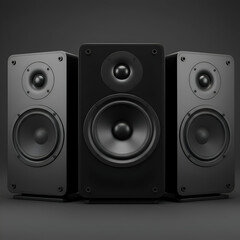 Black audio speakers positioned in a studio setting. A professional, modern sound system setup against a dark background.