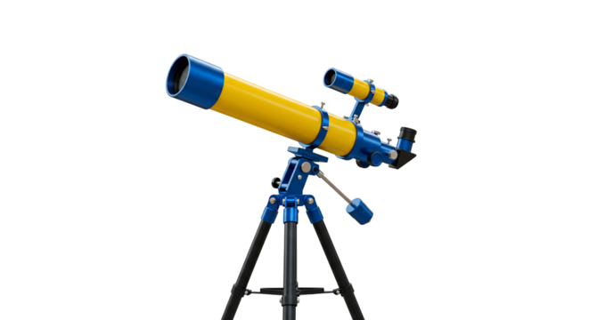 Yellow and blue refracting telescope on tripod isolated on transparent background