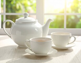 White porcelain teapot and two teacups with saucers on a wooden table by a sunlit window, creating a peaceful morning scene.