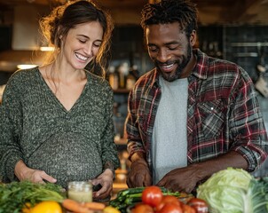 Happy multi ethnic couple preparing healthy meal in kitchen, pregnant wife supporting husband cooking vegetables