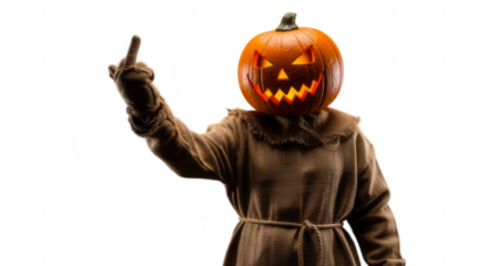 Scarecrow with jack o lantern head showing middle finger isolated on transparent background