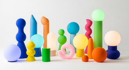 A vibrant collection of various colorful, modern, and abstract decorative objects arranged closely together, showcasing diverse shapes and sizes against a plain background.