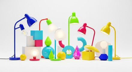 A vibrant collection of colorful desk lamps and decorative objects arranged on a clean, white , creating a visually appealing and modern aesthetic for design and lifestyle concepts.