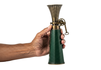 Elderly dark-skinned hand gently cradling antique megaphone (bronze, emerald leather, brass gears) on transparent background. Concept of historical intrigue and sophistication
