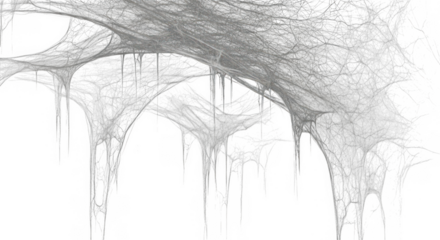 Detailed close up of a delicate intricate spider web with dew drops isolated on transparent background