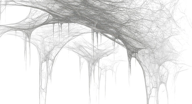 Detailed close up of a delicate intricate spider web with dew drops isolated on transparent background