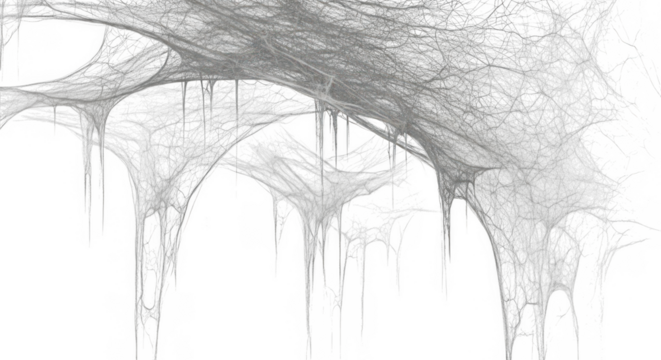 Detailed close up of a delicate intricate spider web with dew drops isolated on transparent background