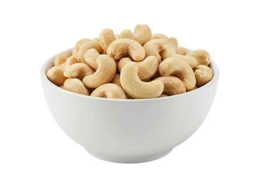 Cashew nuts in white bowl close up high quality transparent background