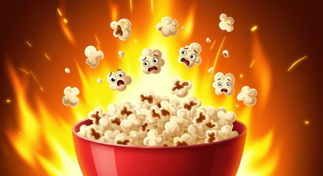 Dynamic Popcorn Explosion Cartoon Kernels with Expressive Faces Leap from a Fiery Bowl, Creating an Exciting and Energetic Food Scene